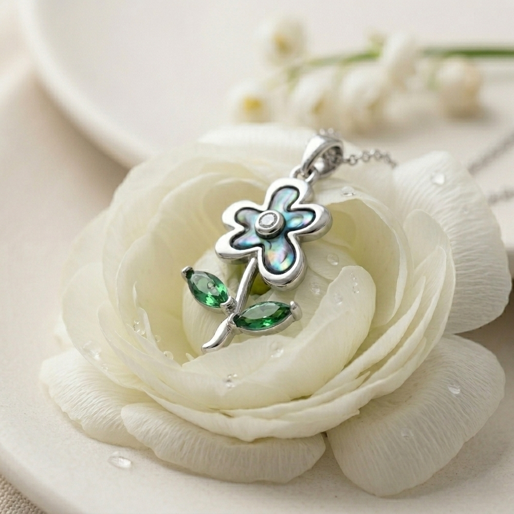 18K White Gold Plated Abalone Shell Floral Necklace Green Zirconia CZ Adjustable - Picture 13 of 15
